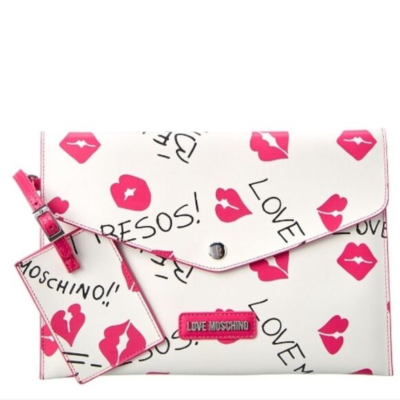 Love Moschino Kisses Clutch w/ID Tag & Card Wallet- White/Pink